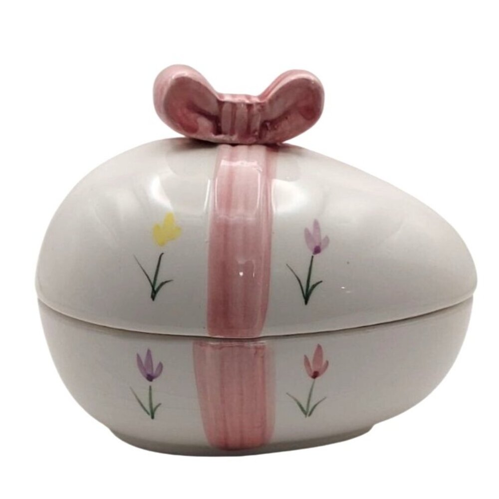 Vintage Interpur Ceramic Easter Egg Trinket Box Spring Floral Pink Bow